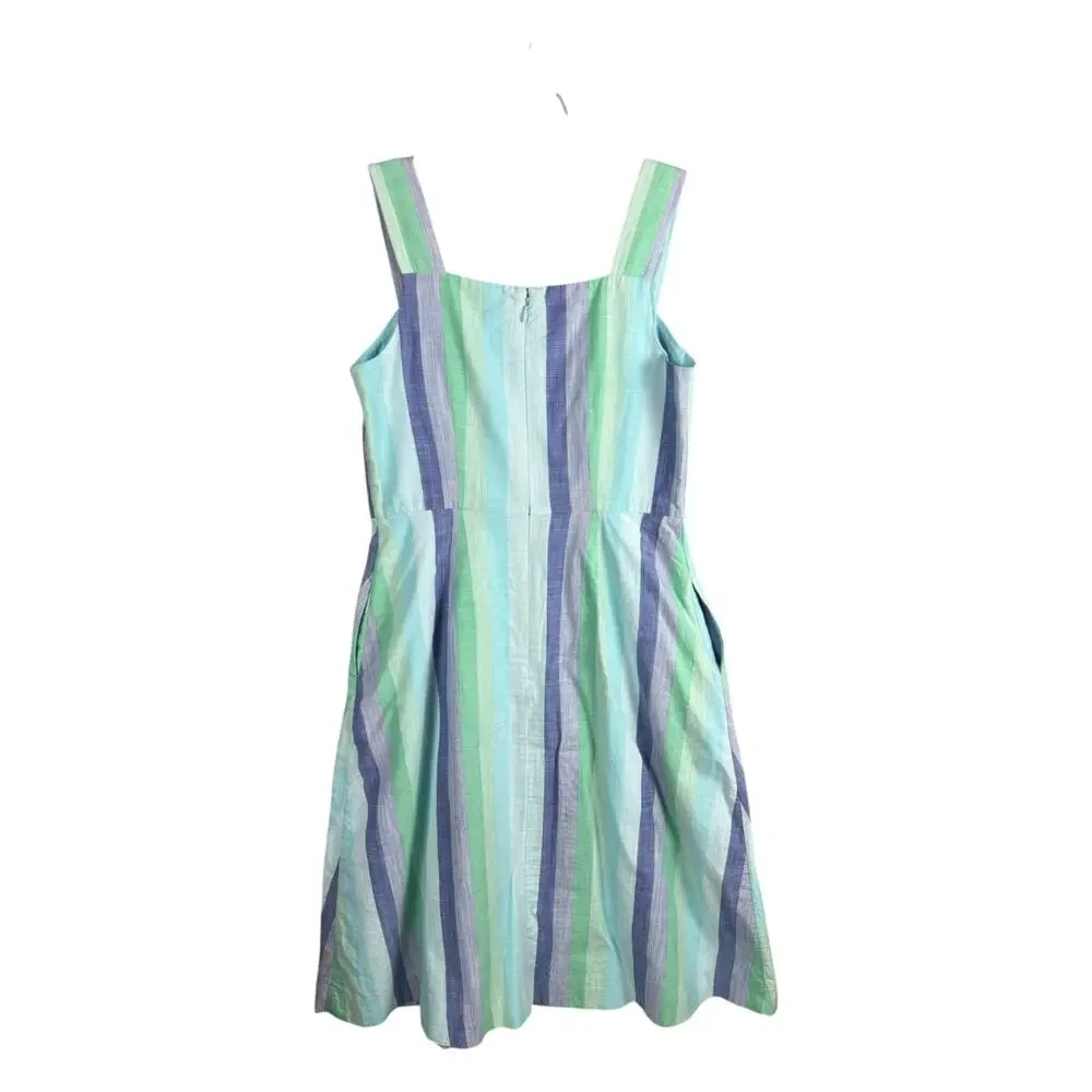 Talbots 4 Beachcomber Stripe Sleeveless Midi Dress Fit Flare 100% Cotton Pockets